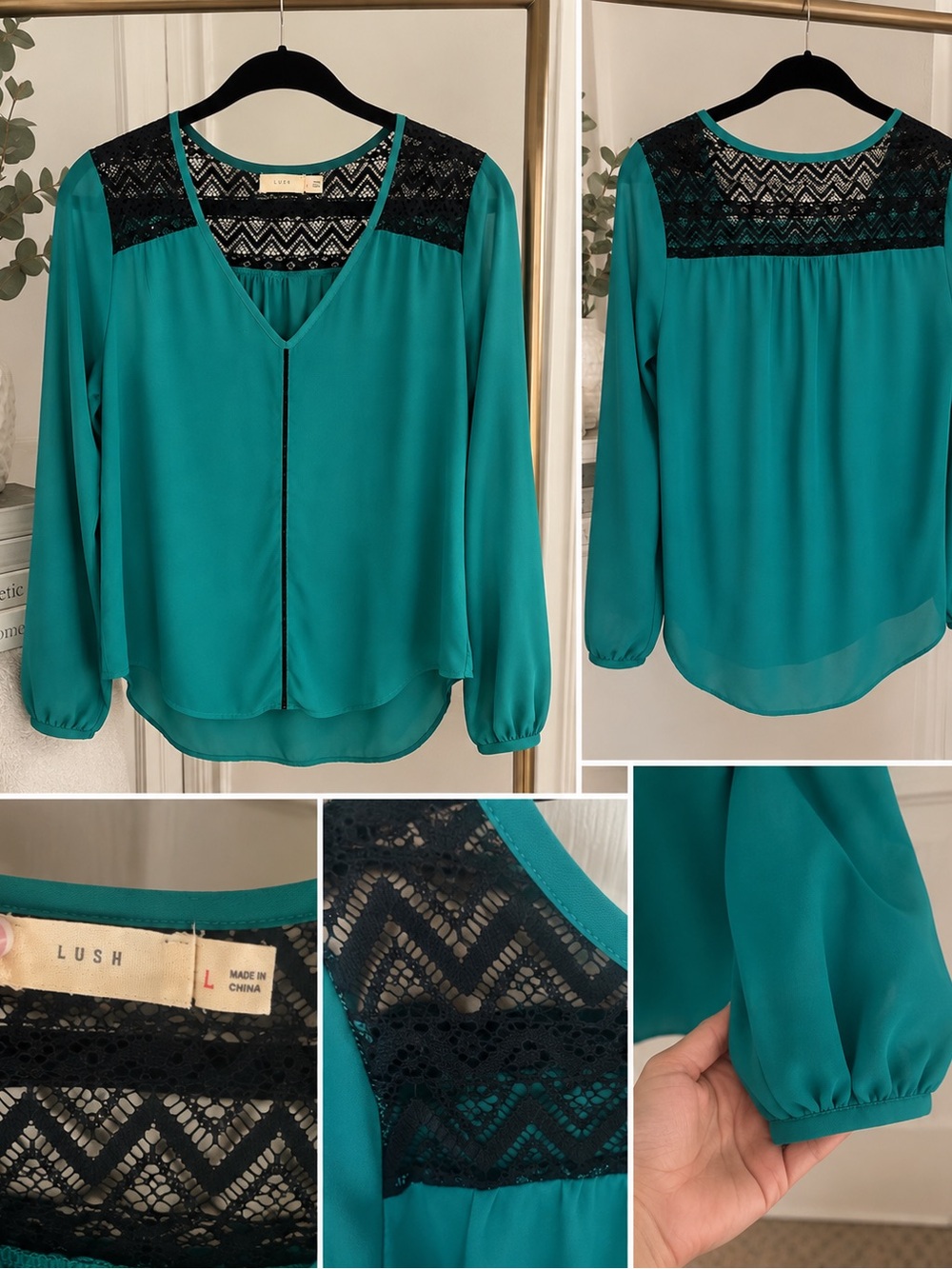 Lush Teal V-Neck Blouse with Black Lace Yoke